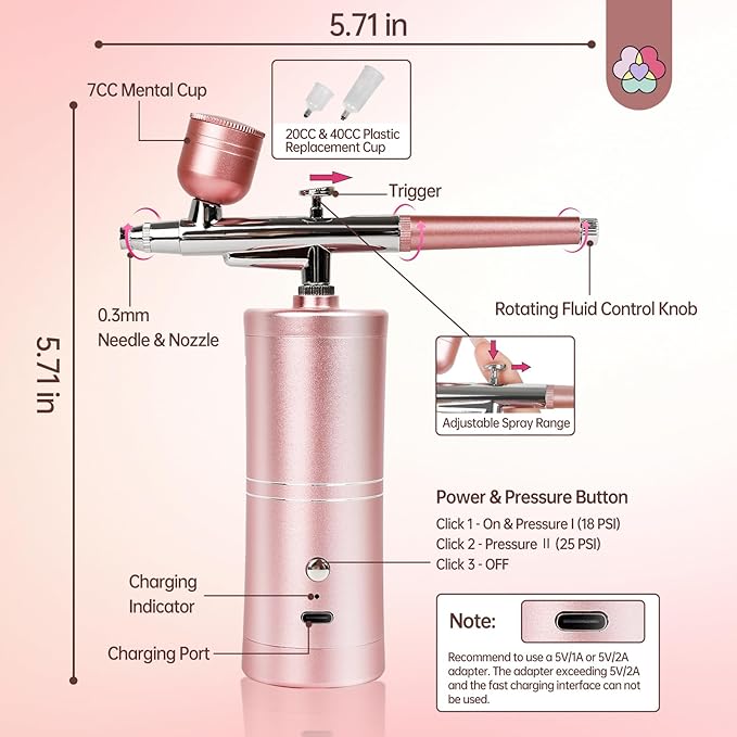 SAVILAND Salon-Grade Airbrush Kit: 25 PSI Super-Stable, Rechargeable Nail Art Machine with 0.3mm Nozzle & Dual Modes - Professional Tool for Gel Nails, Ombre & French Manicure at Home (Pink)