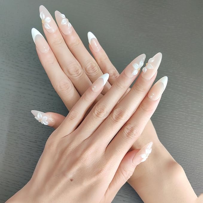 10 Medium Almond Handmade Press On Nails | Coquette Aesthetic Light Nude Pink French Fake Nails with 3D Floral & Gold Stud Accents | Reusable Salon Quality Nails(5U03, M)