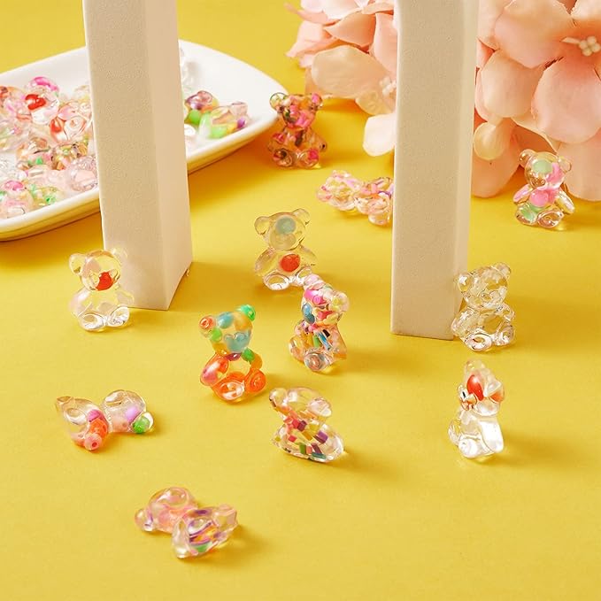 FASHEWELRY 60Pcs Transparent Resin Gummy Bear Cabochons Flatback 3D Cute Cartoon Bear Slime Charms with Star Paillette for DIY Jewelry Making