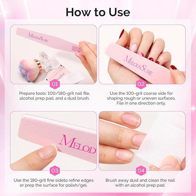 MelodySusie Nail File Kit, 6Pcs Double Sided 100/180 Grit Mixed-Shapee Emery Boards for Nails, Professional Manicure Pedicure Supplies for Home and Salon Use, Pink