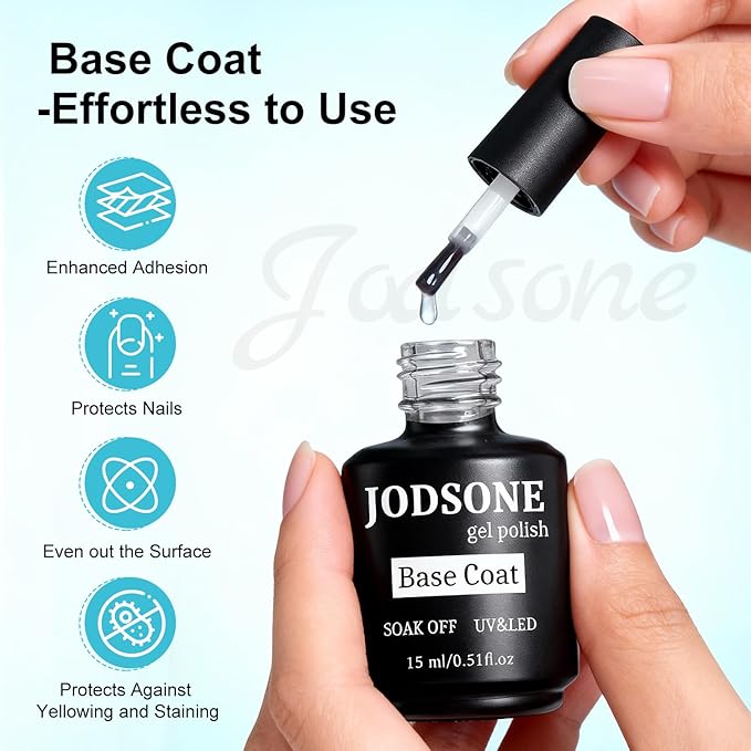 JODSONE U V LED Nail Lamp with Base Coat Top Coat Set, Nail Dryer for Gel Polish for Nails with Automatic Sensor & 4 Timers
