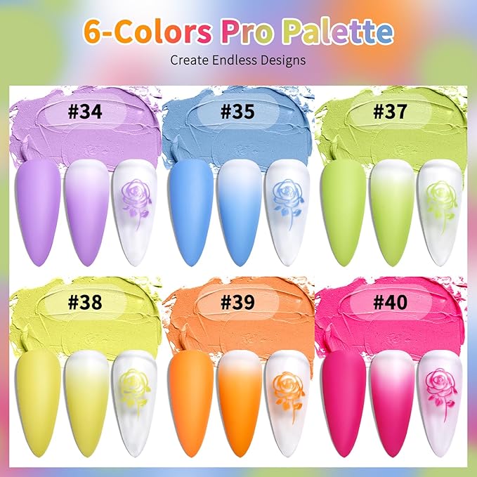 6 Colors Cushion Pat Painting Gel Nail Polish, Neon Green Hot Pink Ombre Gradient Paint Gel with 50PCS Soft Nail Sponges Grabbing Pen Aura Blending Stamping Summer Design Matte No Wipe