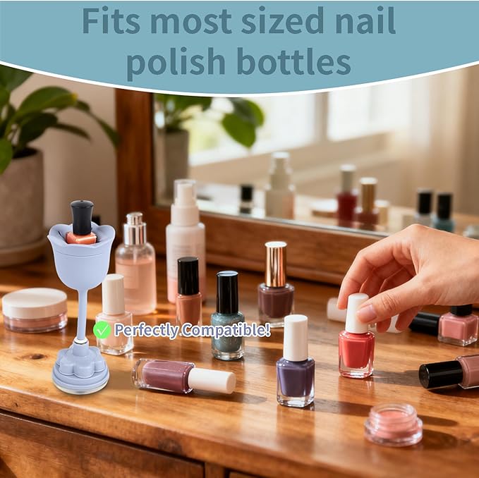 Nail Polish Bottle Holder, Rose-Shaped with 360° Rotating Stem, Tilted for No-Spill, Strong Suction Cup, All-Bottle Fit (Blue)