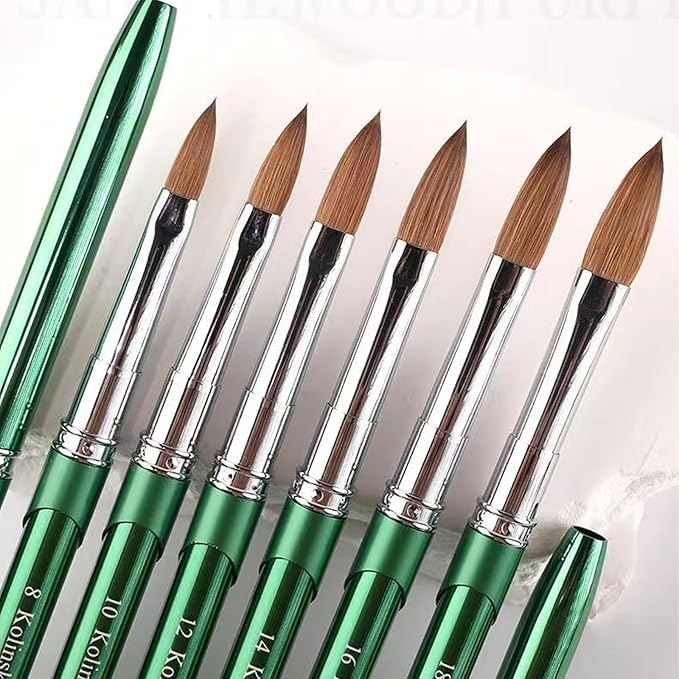 Nail Art Brushes Acrylic Nail Brushes Pure Kolinsky Hair Acrylic Crystal Chrome Green Handle with Silver Ferrule Round Shaped for Women Girls Manicure Tools Accessories- Size 8