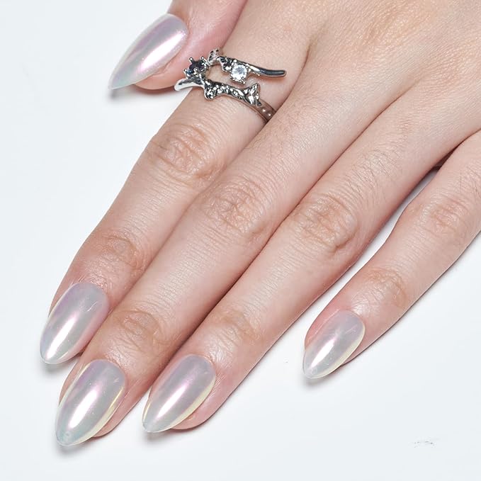 GLAMERMAID Chrome Press On Nails Short Almond, White Pearl Handmade Soft Jelly Gel Fake Nails, Glazed Donut Round Oval Stick Glue on Nails Kit for Women, Mermaid Matal Reusable Acrylic False Nail Set