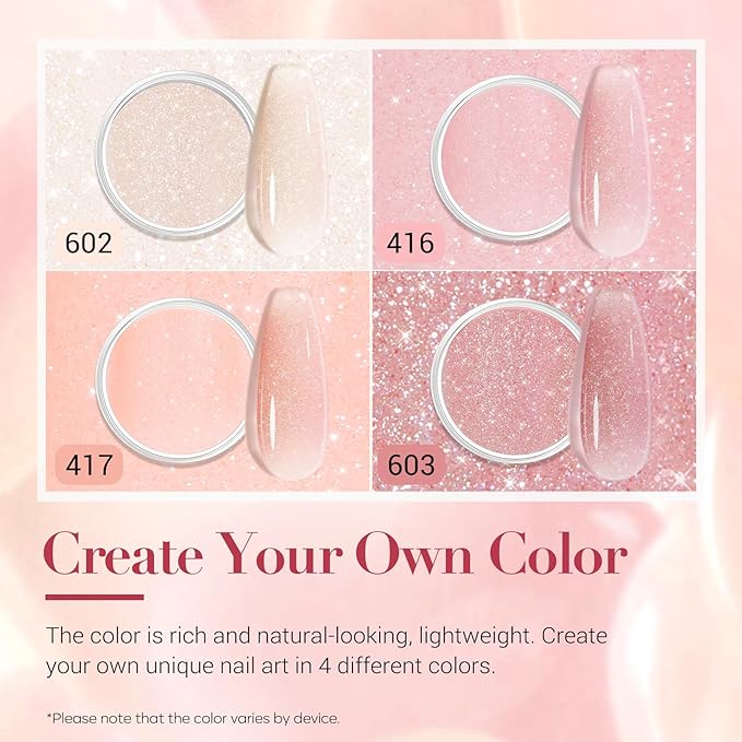 AZUREBEAUTY Jelly Dip Powder Nail Kit, Transparent Glitter Nude Pink Sheer Peach Neutral 4 Colors Dipping Powder Liquid Set with Base/Top Coat Activator for French Nail Art Manicure DIY Home Gifts