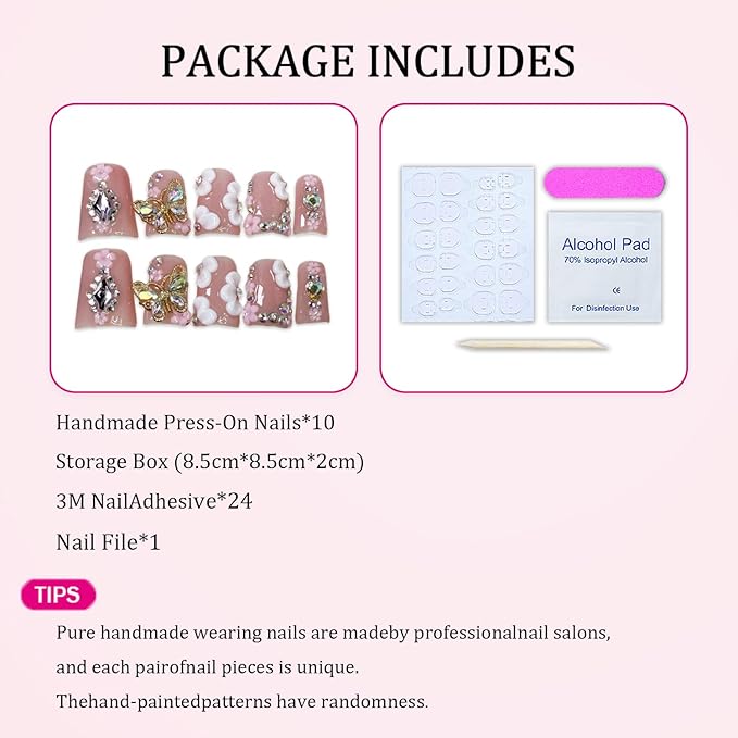 Butterfly Press on Nails Muti-Layer Gel Handmade Press on Nails Full Cover Thickened False Nails Duck Shaped Luxury Rhinestone Flower Fake Nails Designs Stick on Nails for Women Nail Art DIY（S)