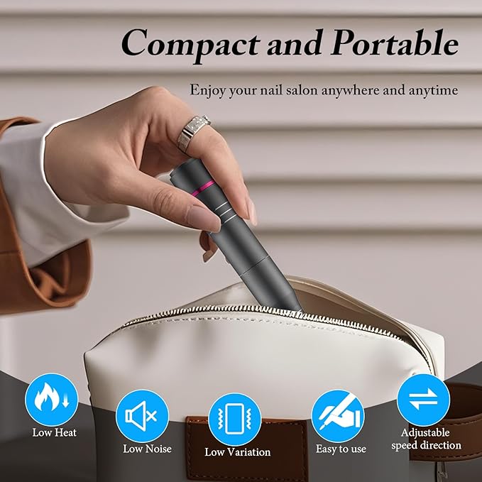 Electric Nail Drill, Ultra-Quiet Low Vibration Electric Nail File, Portable Electric Nail File for Crystal Gel Nails, Manicure and Pedicure Tools Polishing Set for Home and Salon Use(Gray Set)