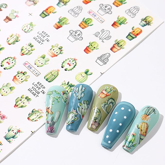 12 Sheets Green Cactus Nail Art Stickers Spring Summer Fall Winter Nail Stickers Cute Water Transfer Nail Decals Holiday Nail Art Supplies for Women Nail Decorations