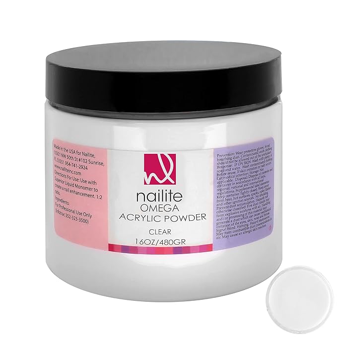 Omega – Professional Acrylic Powder for Nail Extension System, Extra Adhesion, Resistant, EMA Formula and Non-Yellowing Effect – Clear (16 Oz.)