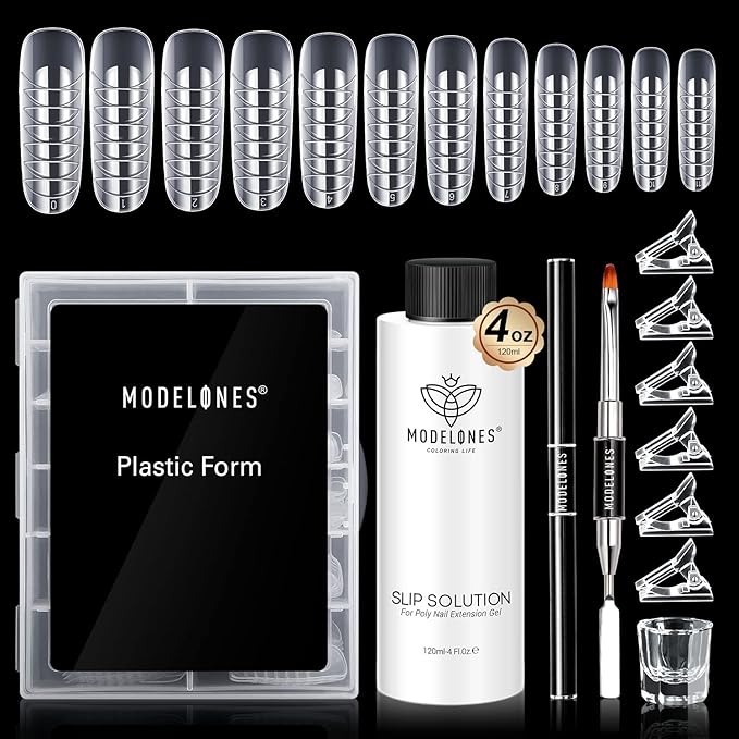 Modelones Slip Solution for Poly Gel, Anti-Stick Gel Nail Extension Complete Kit with Nail Forms Tips Clips Art Tool DIY at Home
