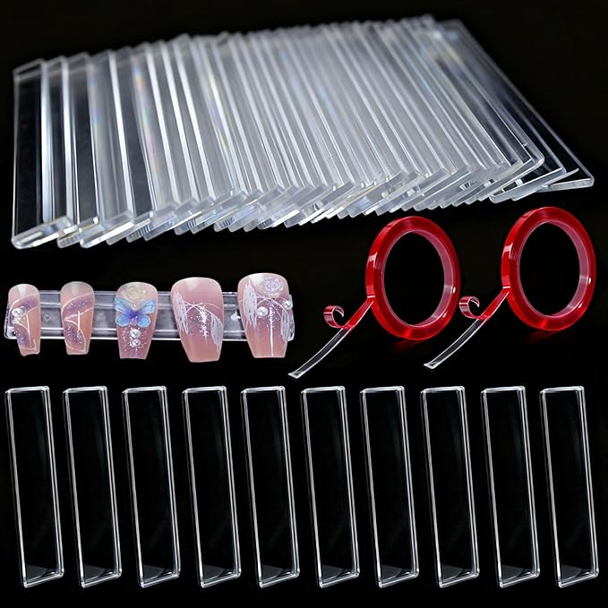 100PCS Transparent Acrylic Nail Art Display Stand-Press On Nail Art Fake Nail Tips Display Stand with 9.8ft Removable Double Sided Mounting Tape for Nail Salon Home Office Supply