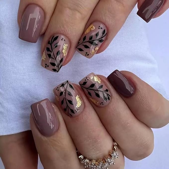 6 Packs (144 Pcs) Press on Nails Short Square Fake Nails Nude False Nails with Designs Ombre White French Tip Pink Brown Glue on Nails Full Cover Glossy Acrylic Stick on Nail for Women Manicure