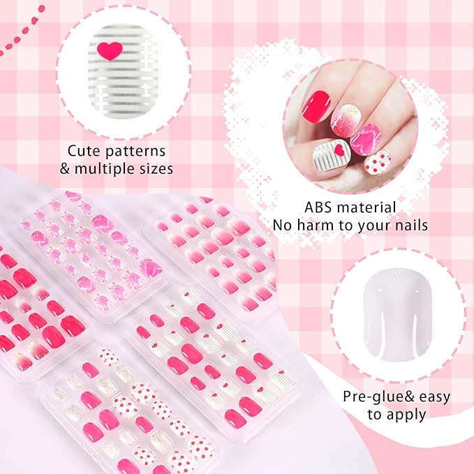 SIUSIO 120Pcs 5 Pack Press on Nails kids Children Acrylic Fake Nails Cute Pre-glue Full Cover Gradient Color Rainbow Short Stick On False Nail Art Kits Set for Kids Little Girls - Pink Love