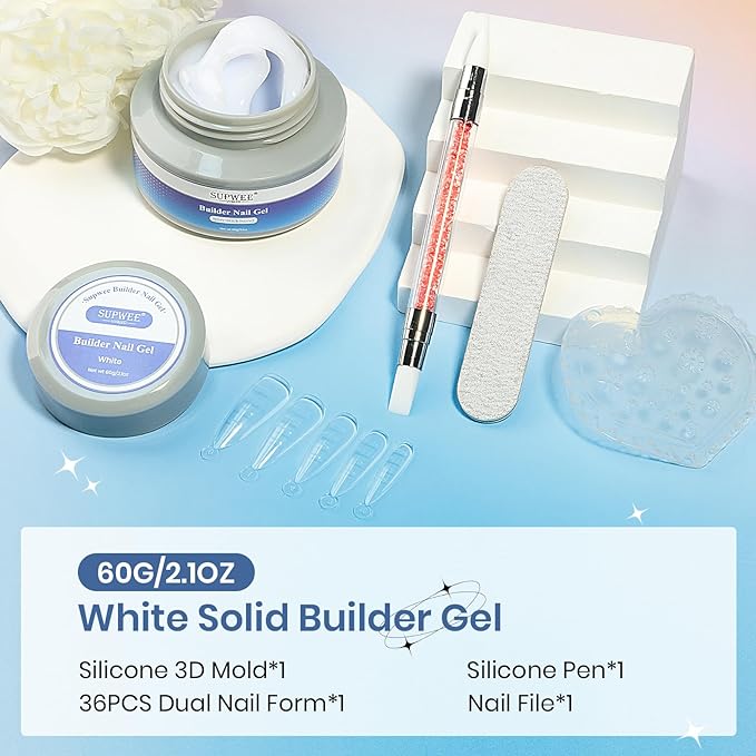 Solid Builder Gel for Nails, White 60g/2.1oz, 3D Sculpting Gel for Nail Art, No Stick Hand Hard Gel for Nail Extension, Nail Carving, 5D Patterns, Embossing Nail Decoration Soak Off UV LED