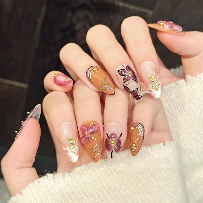 handmade nails press on Salon Quality flower orange gold white pink cute Reusable almond hand-painted gentle acrylic 3D fake nails designed kit,10 Nails, Size M #3330