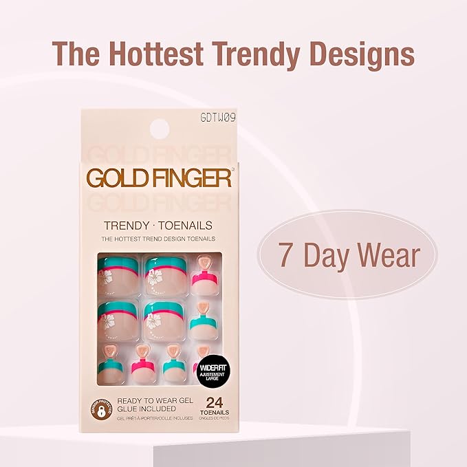 GoldFinger 24 Pcs Press On Toenails, Wide Fit Fake Nails, French Tip Gel Stick On Extensions, Reusable DIY Pedicure False Nail Kit with Glue, Cuticle Stick & File, 7 Day Long Lasting Wear