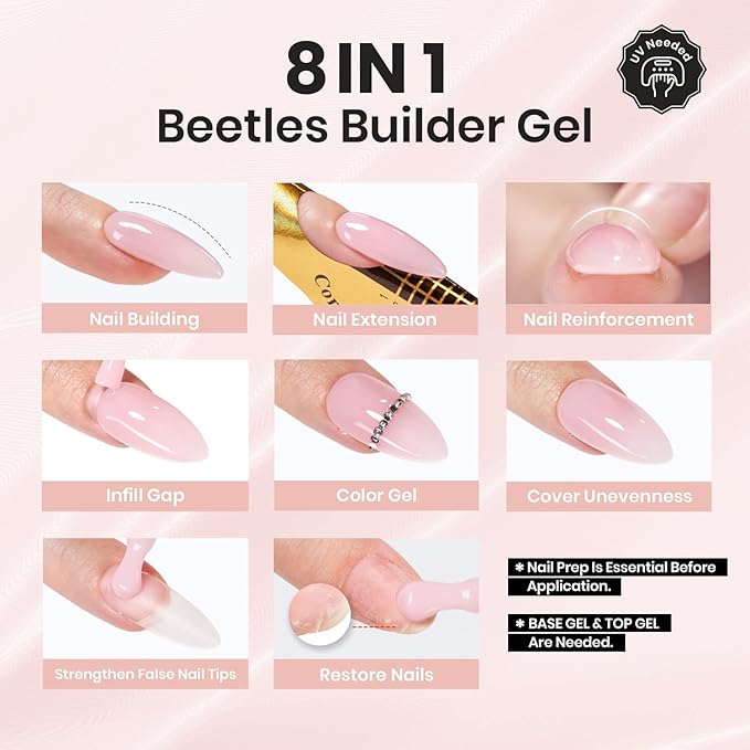 Beetles HEMA-FREE & TPO FREE Builder Nail Gel-Peach Skin 2 Colors Strengthening Nails Building Apex & Extension Clear & Jelly Nude Pink Builder Gels for Beginner DIY Salon at Home, UV & LED Lamp Need