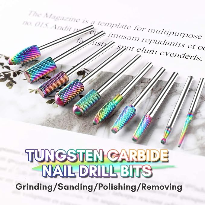 Makartt Nail Drill Bits Set:10Pcs Dimond Tungsten Carbide Nails Bits,3/32 Inch for Acrylic Gel Nails Cuticle Tools,Remove Acrylic Poly Nail Gel Nail Polish B-36,Bit Kit Manicure Pedicure Home Salon