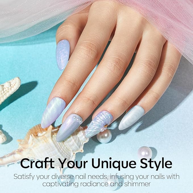 Modelones Pearl Iridescent Gel Nail Polish, 15 ML Shimmer Celestial Blue Mermaid Nail Drawing Glitter Pearlescent Summer Gel Polish Soak Off Led Nail Gel Polish Swirl Shell Thread Effect DIY Mani Gift