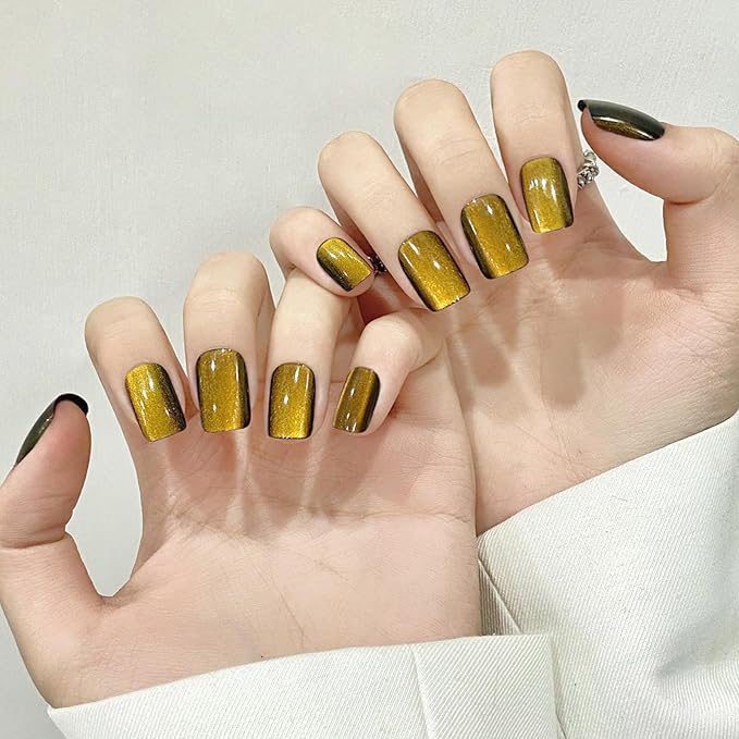 Yellow Cat Eyes Press On Nails,12 Sizes - 24 Pcs Soft Gel Yellow Medium Square Fake Nails Kit with Nail Glue, Natural Reusable Stick On False Nails for Women and Girls (Skycloud Nails) SK0926