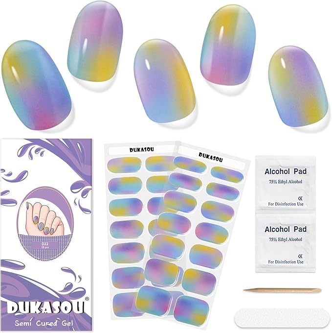 Semi Cured Gel Nail Strips,28 Pcs Gel Nail Stickers/Wraps(Colorful Aurora),Long Lasting Polish Stickers UV Cure,Works with UV Lamp,Easy to Apply