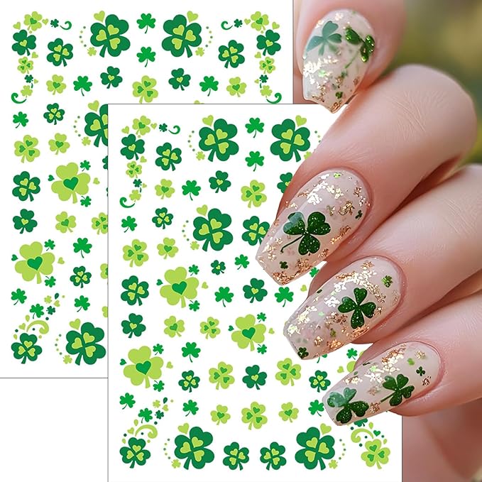 6 Sheet St. Patrick’s Day Nail Stickers – Irish Shamrock Green Clover Carnival Festival Fake Nail Decals 3D Self-Adhesive for Women Girls Summer Holiday Nail Art Decorations