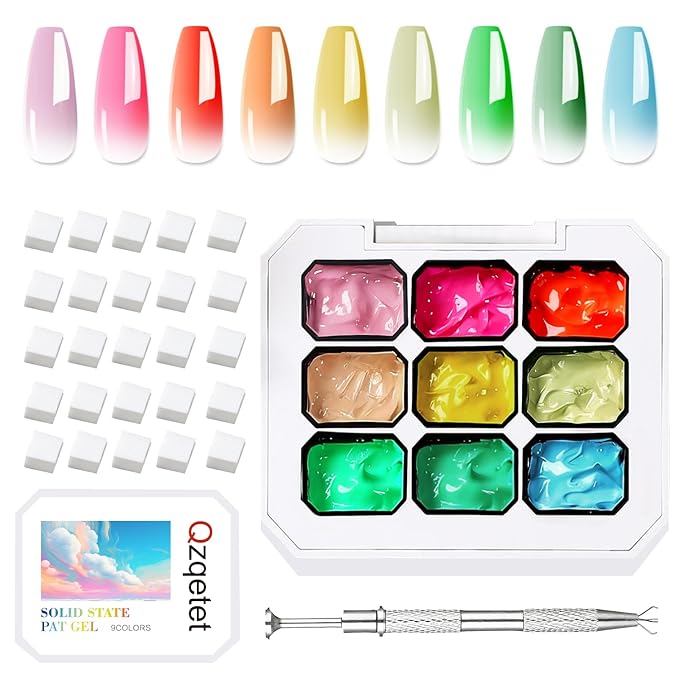 Patting Gel Polish, 9 Colors Ombre Gel Nail Polish with 100 Pcs Soft Nail Sponges and Grabbing Pen for Pigment Pat Kit Aura Nails