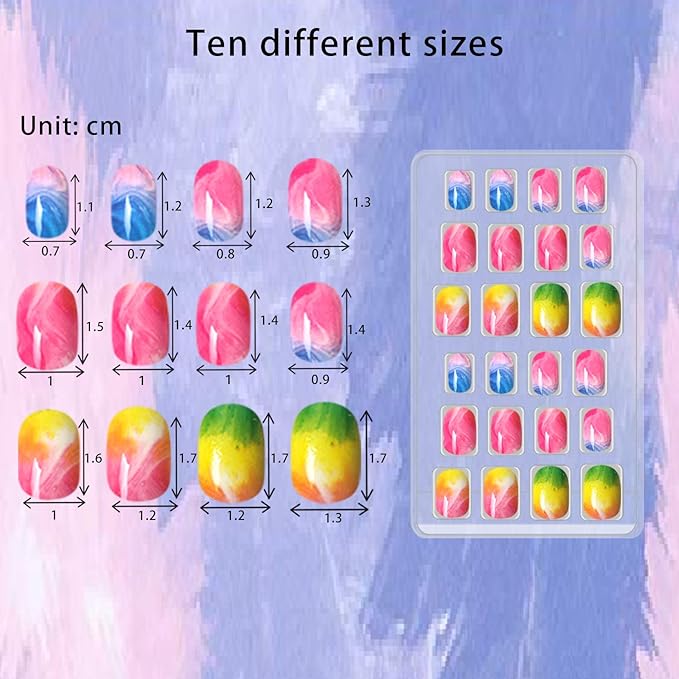 SIUSIO 120 Pcs 5 Pack Children Acrylic Fake Nails Press on Pre-glue Full Cover Glitter Gradient Color Rainbow Short Sticky Fake Nails Kids Nails Set for Little Girls - Colorful Rainbow Series