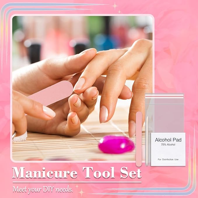 50 Set Disposable Press on Nail Tool Kit, including 50pcs Nail File, 50pcs Prep Pad, 50pcs Wood Stick, 50pcs OPP Bag, Manicure Nail Prep Kit for Salon Home (50pcs-A-pink)