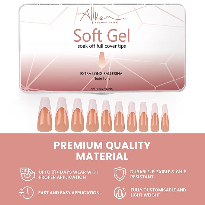 Allkem Soft Gel Nail Tips - 360 pcs XL French Ballerina Nail Extensions Kit - 12 Sizes Extra Long Full Cover Nails - Neutrals - Bold (360 Pieces)