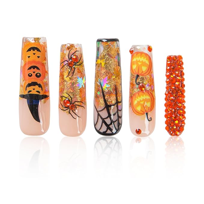 Lovful Halloween Press On Nails Pumpkin Party | Mid Length Handmade Acrylic Press ons | Reusable Fake False Nails | Square Mid length 1.7in | H661-M