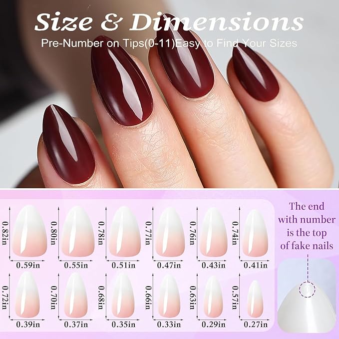 Cherry Red Press On Nails Almond -Short Press On Nails with Nail Glue, Fit Perfectly & Natural Reusable Stick On Nails in 12 Sizes - 24PCS Soft Gel Glue On Nails Kit