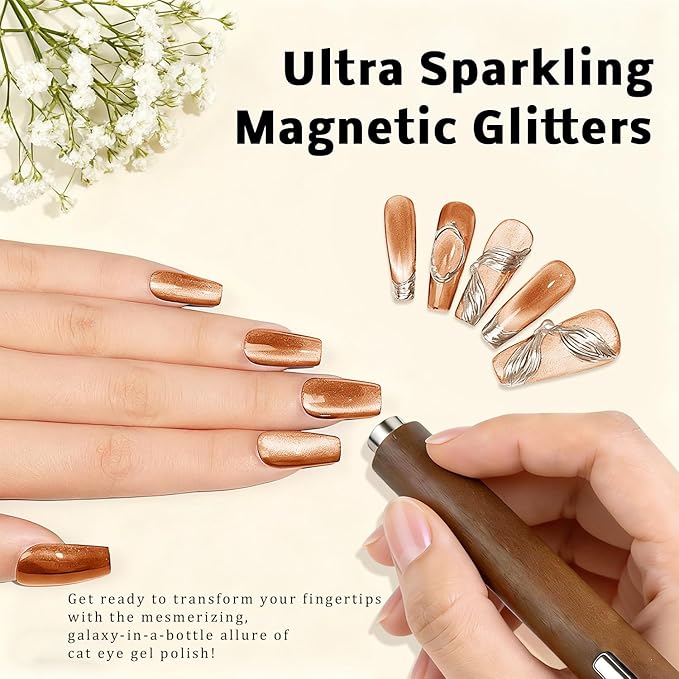Gel Nail Polish Set, Cat Eye Gel Polish Kit, Holographic Reflective Magnetic Shimmer Glitter Brown White Pink Skin Tones Black Gel, Manicure Salon DIY Gifts, Soak Off, UV/LED Cured (9 Colors D)