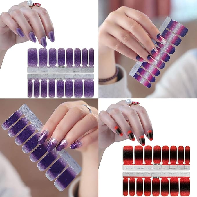 WOKOTO 16 Sheets Gradient Adhesive Nail Polish Decals Strips with 1Pc Nail File Glitter Nail Art Stickers Wraps Manicure Accessories
