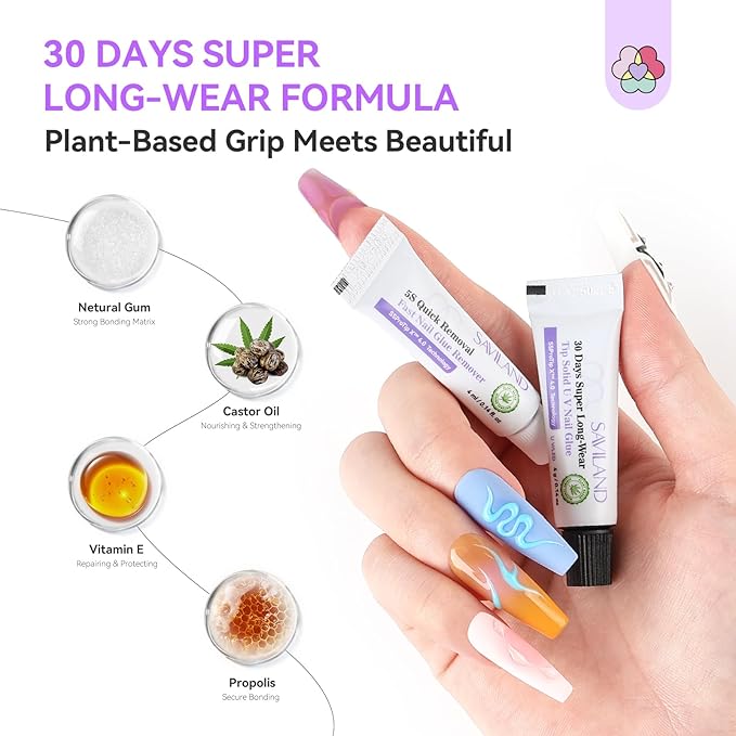 SAVILAND Solid Nail Glue Gel & Remover Kit: Press On Nail Packaging 10-Pack Travel Pocket-sized Press On Nail Tool Kit Nails Glue Long-Wear with 5s Fast Gel Nails Glues Remover