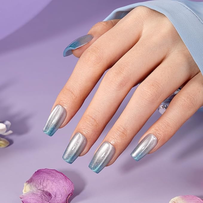 VSALON Press on Nails Medium Coffin, Ice Blue Cat Eye Chrome Shimmer Ombre Valentine Fake Nails, Reusable Soft Gel Semi-Transparent Glue on Nails, 32 Pcs in 16 Sizes Kits with Glue & Cuticle Oil