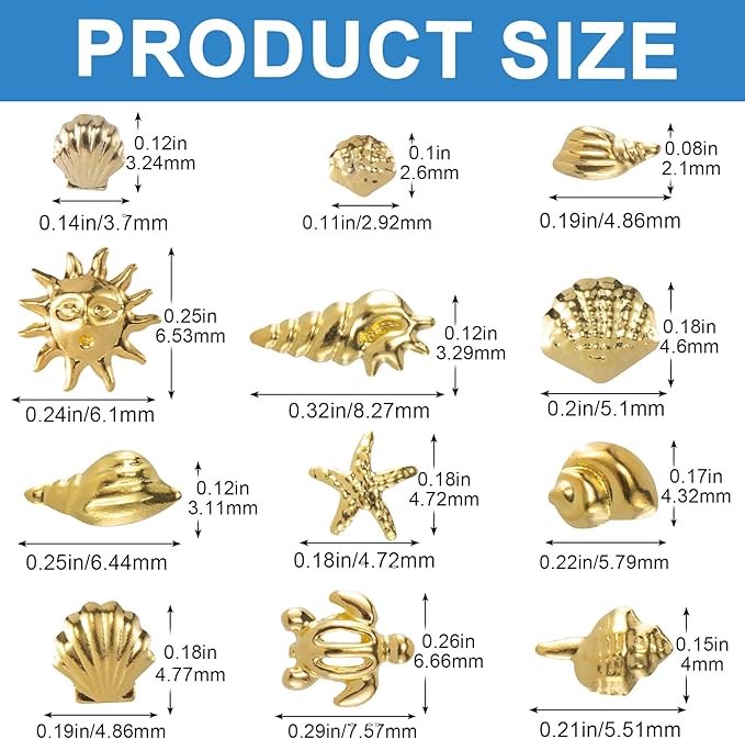 2 Disc Ocean Nail Art Charms, 3D Metal Nails Stickers, Beach Starfish Seashell Decals Manicure DIY Embellishments for Women- Gold& Silver