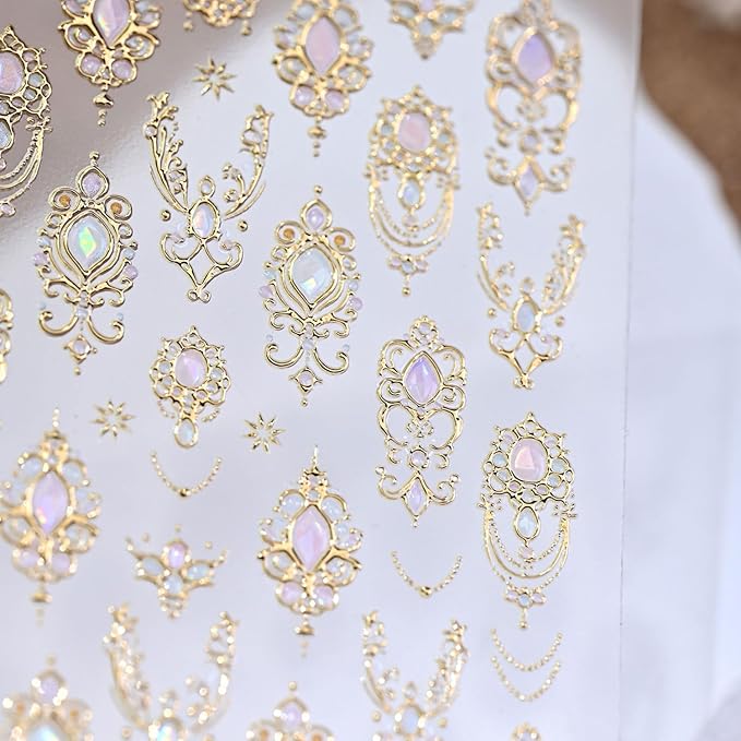 5D Embossed Nail Art Stickers Gold Nail Decals Vintage Gemstones Nail Art Decorations Supplies Gold Line Design Manicure Accessories for Women