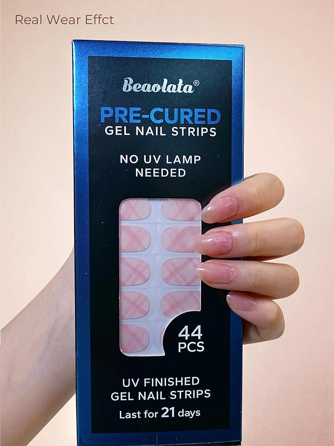 Pre Cured Gel Nail Strips - 44PCS Salon Quality Gel Nail Stickers - Long Lasting Polish Wraps for Women no UV Light Needed Easy Apply & Remove (Vintage Pink