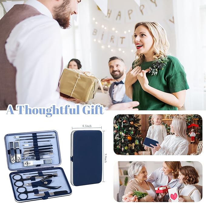 Manicure Set Pedicure Kit Nail Clippers Set Fingernail Clipper Set Ingrown Toenail Nail Kit Scissor Nail Trimmer Kit 18 Pieces Women and Men’s Care Grooming Tools with Fine Case (Dark Blue_18 Pieces)