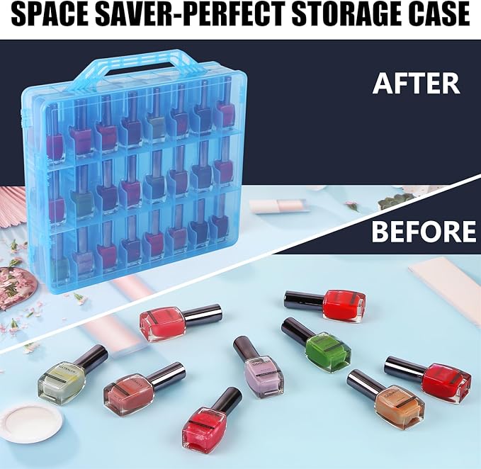 Universal Nail Polish Holder Gel Nail Polish Organizer Case for 48 Bottles Adjustable Dividers Space Saver,Double Sided Storage for Nail Bottles Mini Cars Threads Essential Oils (Blue)