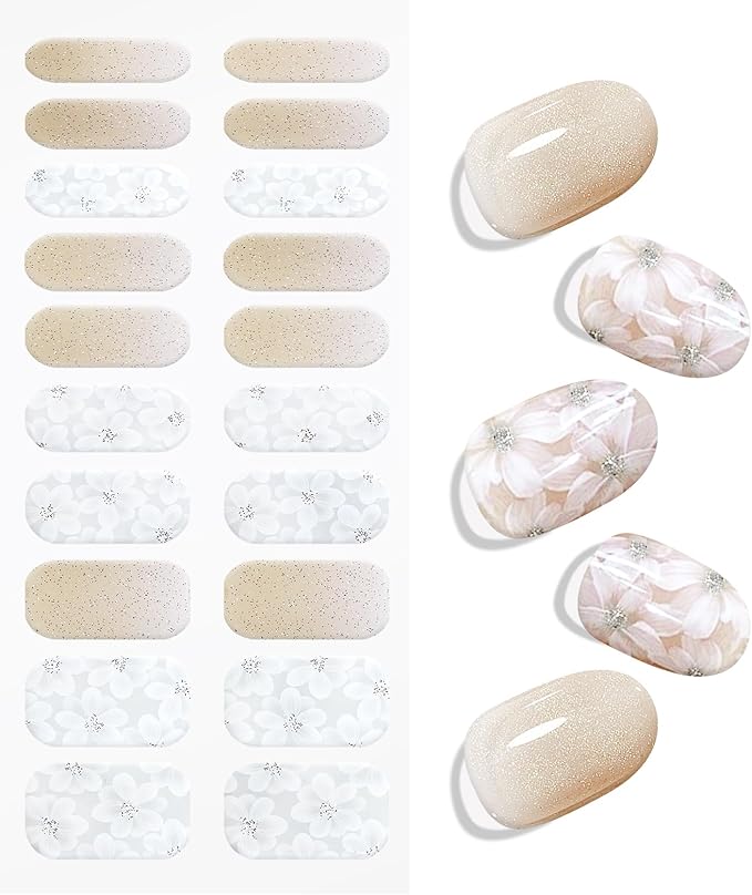 JMEOWIO Gel Nail Stickers White Flower Glitter Semi Cured Gel Nail Strips Wraps UV/LED Nails Art Design Decoration Accessories