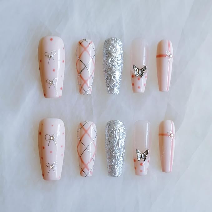 Press-on Nails, Long Ballerina Style, Pink with 3D Silver Butterfly and Bow Design, Handmade False Nail 10 Pieces (Large,LB)