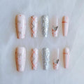 Press-on Nails, Long Ballerina Style, Pink with 3D Silver Butterfly and Bow Design, Handmade False Nail 10 Pieces (XS, LB)