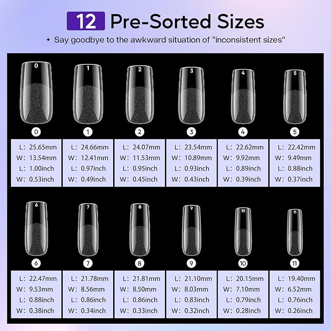 Press On Nails Short Square - 312pcs Gel Tips Full Cover Fake Acrylic Extension Pre-Shape 12 Sizes