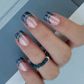 Curvlife Short Press on Nails Acrylic Square Fake Nails with Dark Purple Trim Design Full Cover False Nails Reusable Nail Kit Glue on Nails