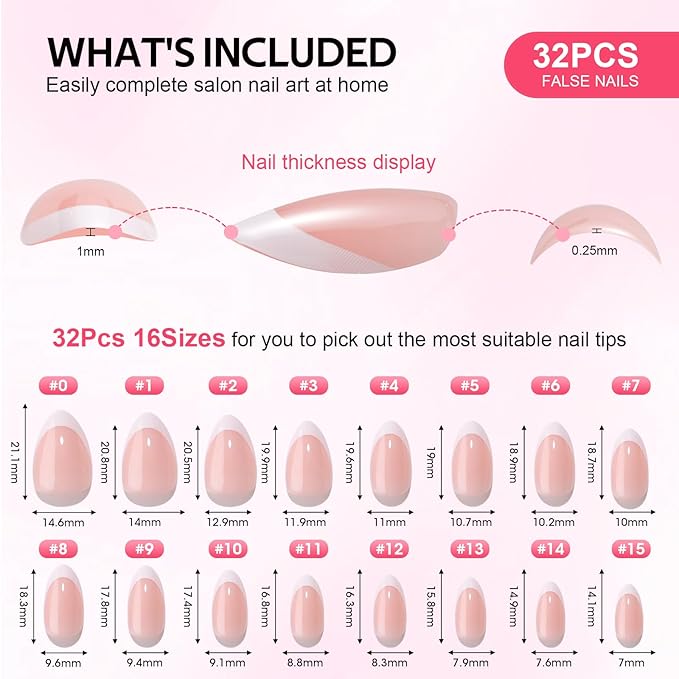 French Tip Press On Nails Almond - Findigit Natural Fake Nail Short with Glue,Supremely Fit & Natural Glue On Nails with Nail in 16 Sizes - 32 Nails Kit,White