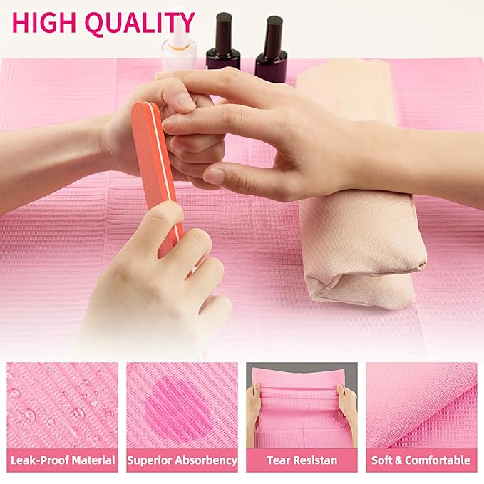 Gusnilo Nail Art Table Mat - Disposable Nail Paper Towels (250PCS) - Pink Waterproof 3-Ply Nail Art Paper 13" X 18" Pads for Nail Table Decoration Kit, Nail Art Accessories