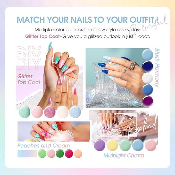 ROSALIND 30pcs Gel Nail Polish Set with Base Gel Top Coat (Glossy Matte and Glitter), 26 Neon Bright Colors Gel Polish Pastel Summer Nail Gel Polish Soak Off U V Manicure Rainbow for Women